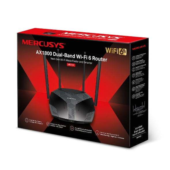 Mercusys MR70X AX1800 Dual-Band WiFi 6 Router, Up to 1.8Gbps, OFDMA, MU-MIMO, WPA3 Mercusys MR70X AX1800 Dual-Band WiFi 6 Router, Up to 1.8Gbps, OFDMA, MU-MIMO, WPA3
